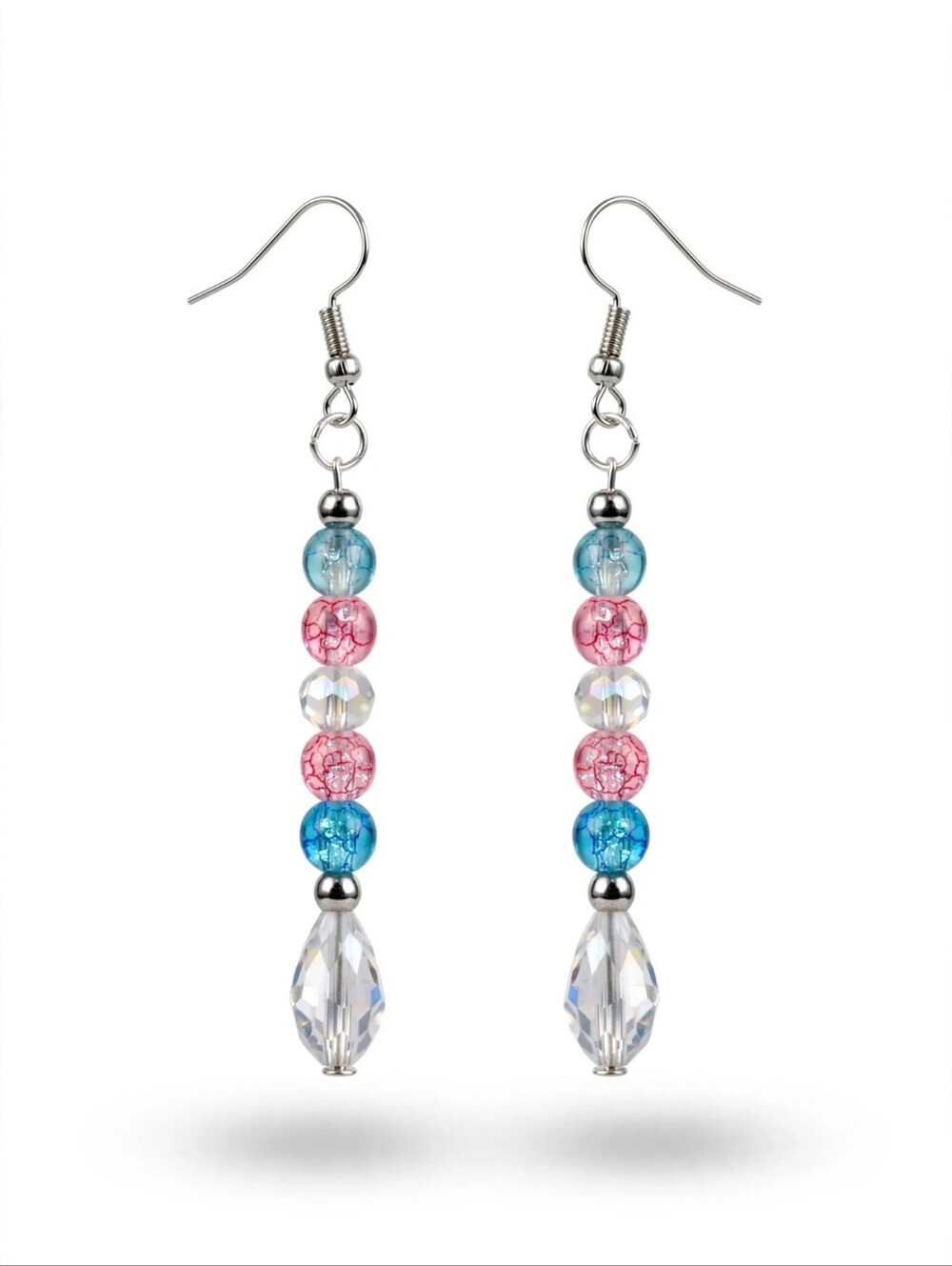 Crystal Teardrop Bead Dangle Earrings - Pink & Blue. Trans Pride Theme
